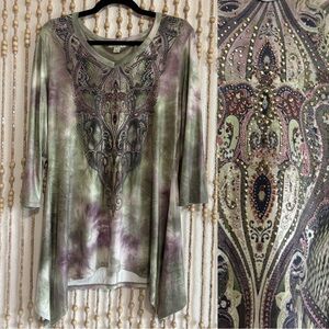 ONEWORLD Y2K 2000s Fairy Core Grunge Green Purple Paisley Boho Asymmetrical Hem